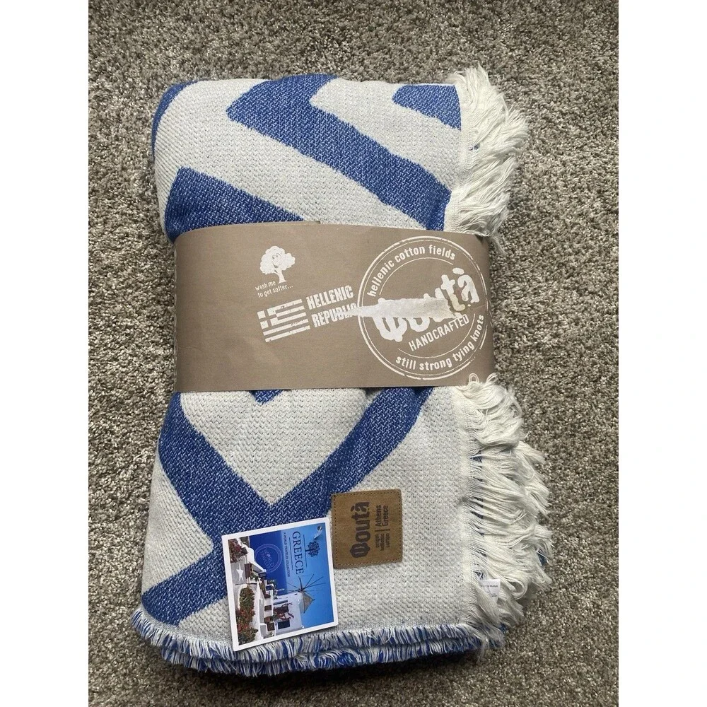 Qoutà Organic Hellenic Cotton Athens Greek Blue and White Blanket with Fringe
